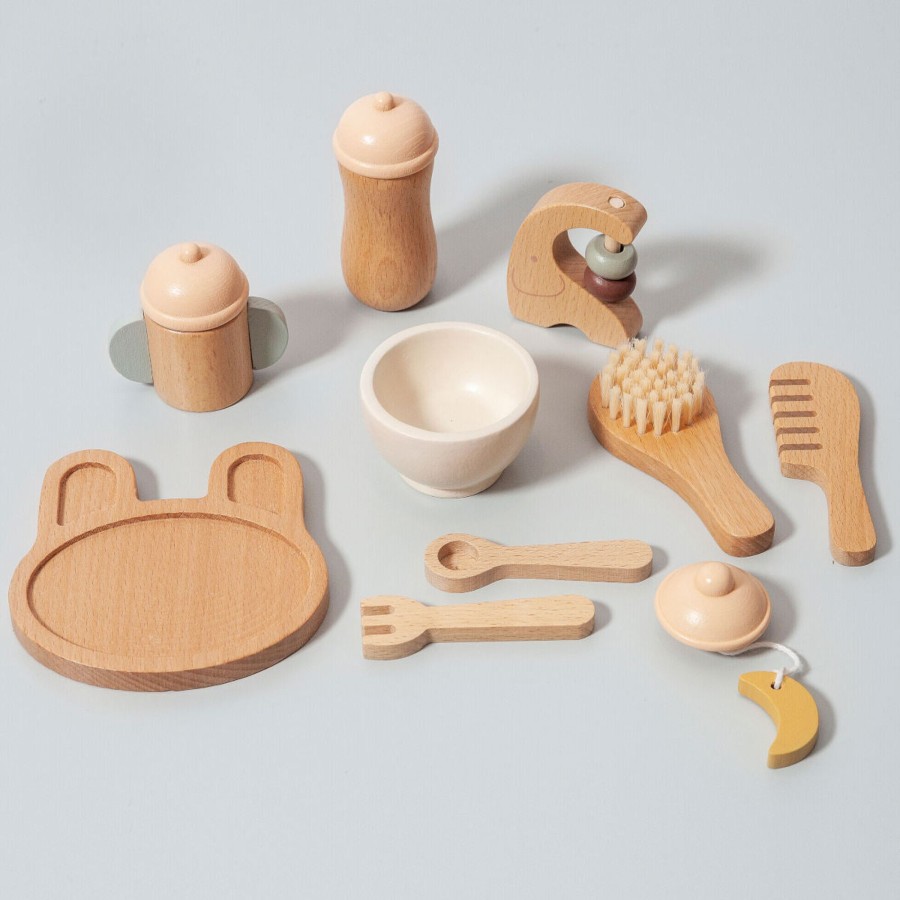 Doll Play Petit MonBest Baby Dolls & Accessories | Petit Monkey Wooden Baby Doll Feeding Set