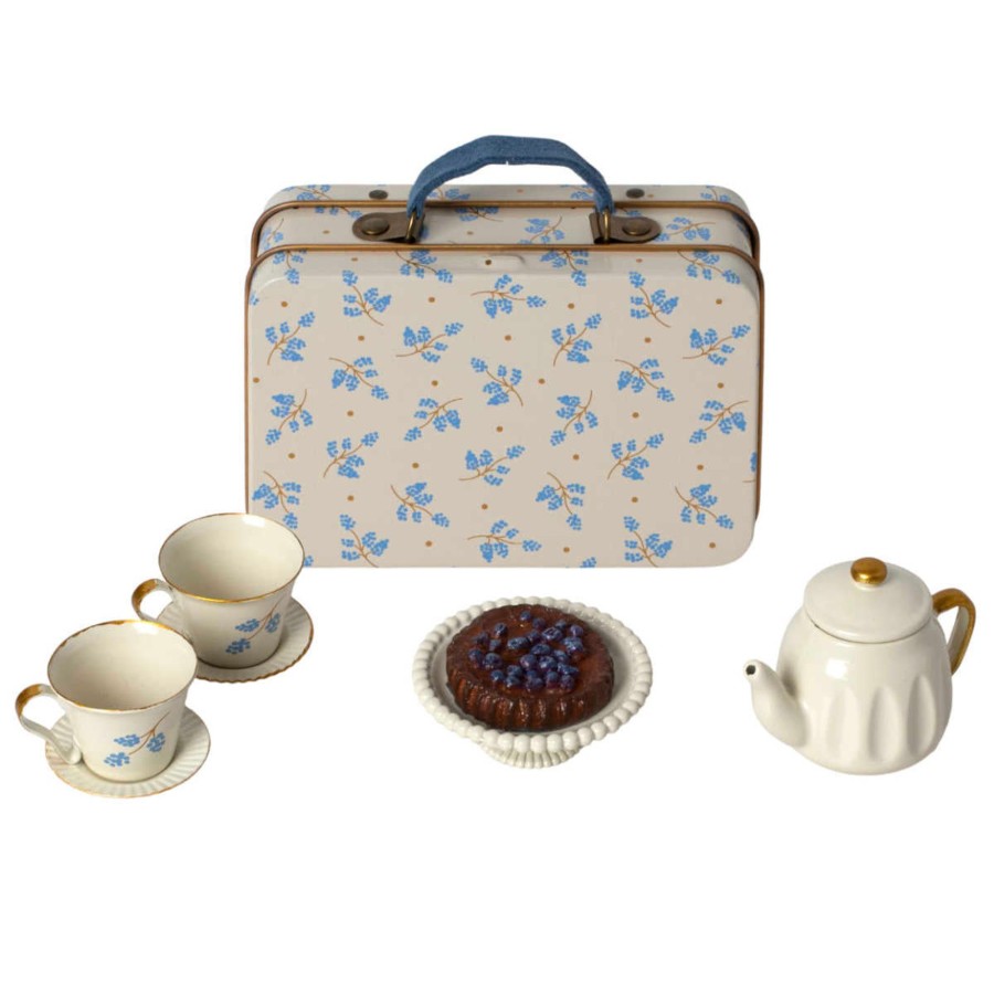 Doll Play Maileg Doll Houses & Accessories | Maileg Tea Set In Suitcase For Mouse Dolls, Blue Madelaine