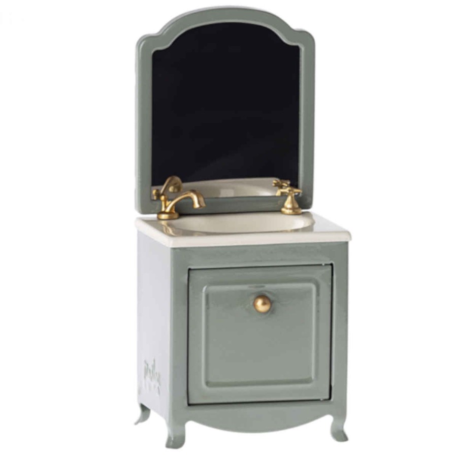 Doll Play Maileg Doll Houses & Accessories | Maileg Mouse Size Sink Dresser With Mirror, Dark Mint