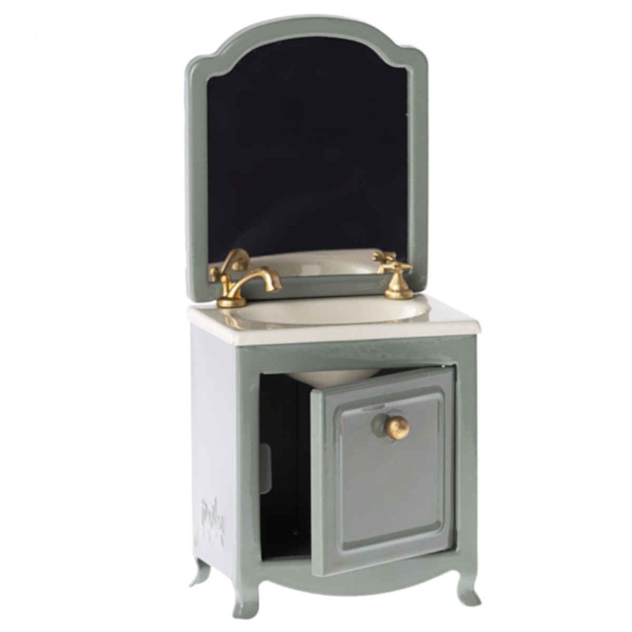 Doll Play Maileg Doll Houses & Accessories | Maileg Mouse Size Sink Dresser With Mirror, Dark Mint