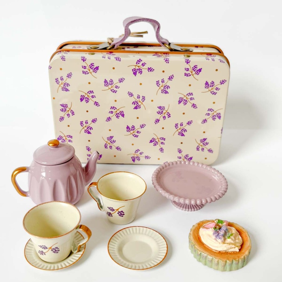 Doll Play Maileg Doll Houses & Accessories | Maileg Tea Set In Suitcase For Mouse Dolls, Purple Madelaine