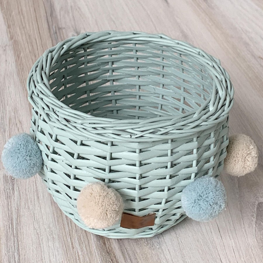 Room Decor Lilu Storages | Lilu Pompom Wicker Basket, Dusty Mint