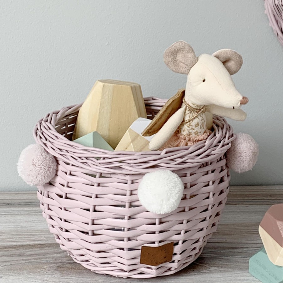 Room Decor Lilu Storages | Lilu Pompom Wicker Basket, Dusty Pink