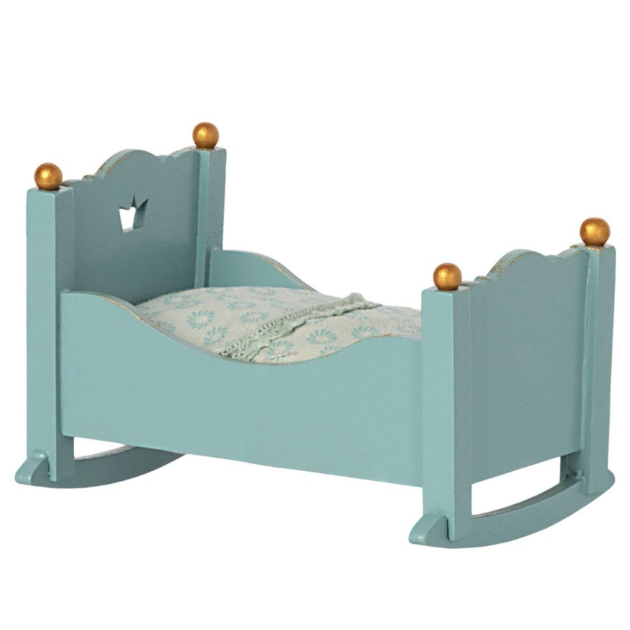 Doll Play Maileg Doll Houses & Accessories | Maileg Wooden Cradle For Baby Mouse, Blue