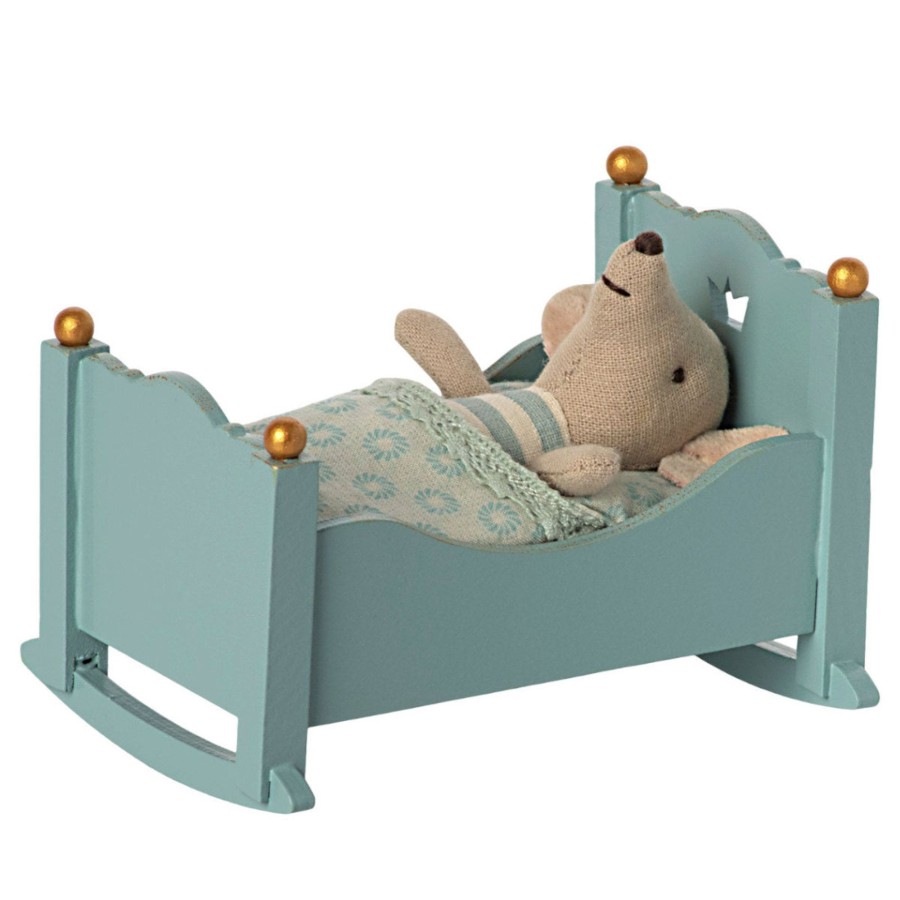 Doll Play Maileg Doll Houses & Accessories | Maileg Wooden Cradle For Baby Mouse, Blue