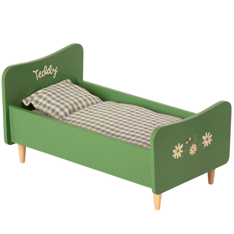 Doll Play Maileg Doll Houses & Accessories | Maileg Wooden Bed For Teddy Dad, Dusty Green