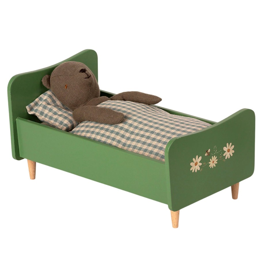 Doll Play Maileg Doll Houses & Accessories | Maileg Wooden Bed For Teddy Dad, Dusty Green