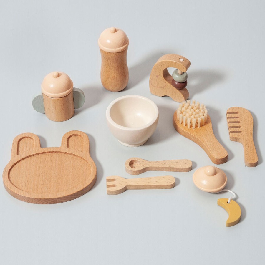 Pretend Play Petit MonBest Baby Dolls & Accessories | Petit Monkey Wooden Baby Doll Feeding Set